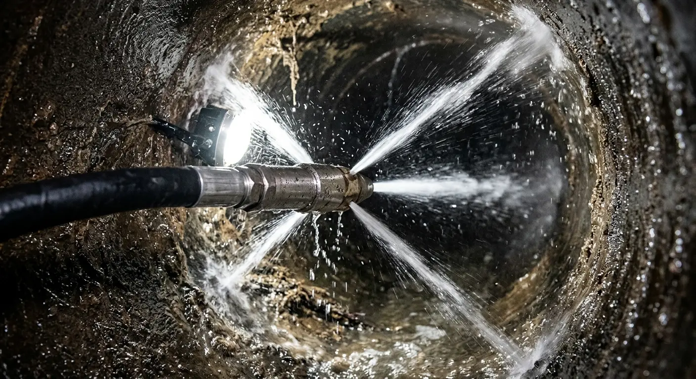 High-pressure hydro jetting nozzle cleaning sewer pipe for Emergency Drain Service in Bogalusa