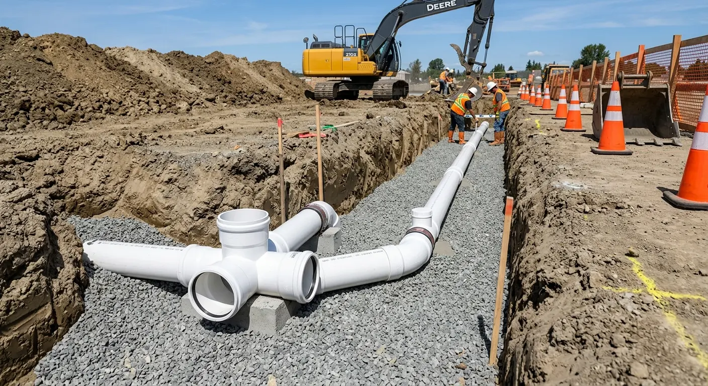 New PVC sewer pipe installation in open trench for Sewer Backup in Bogalusa