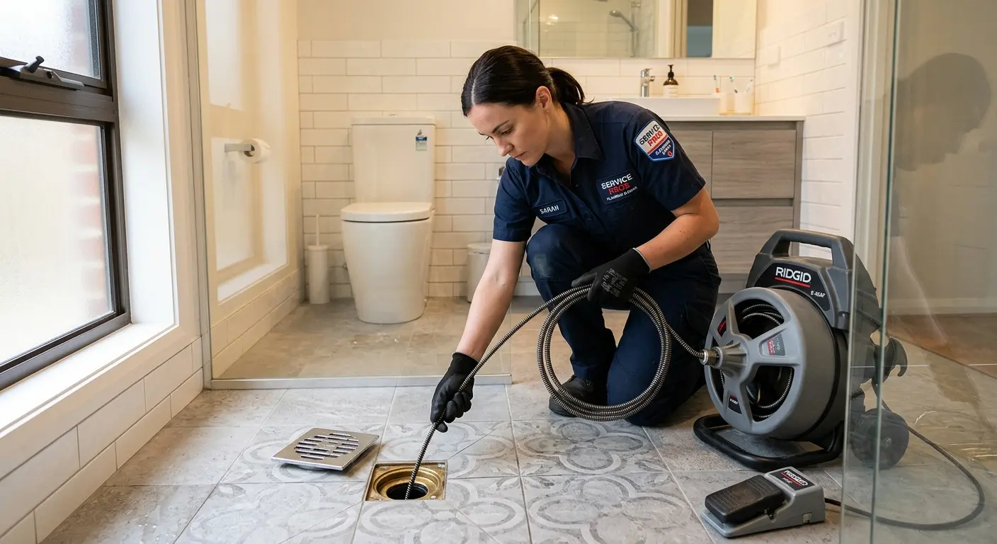 Technician clearing a bathroom floor drain for Sewer Line Replacement in Bogalusa
